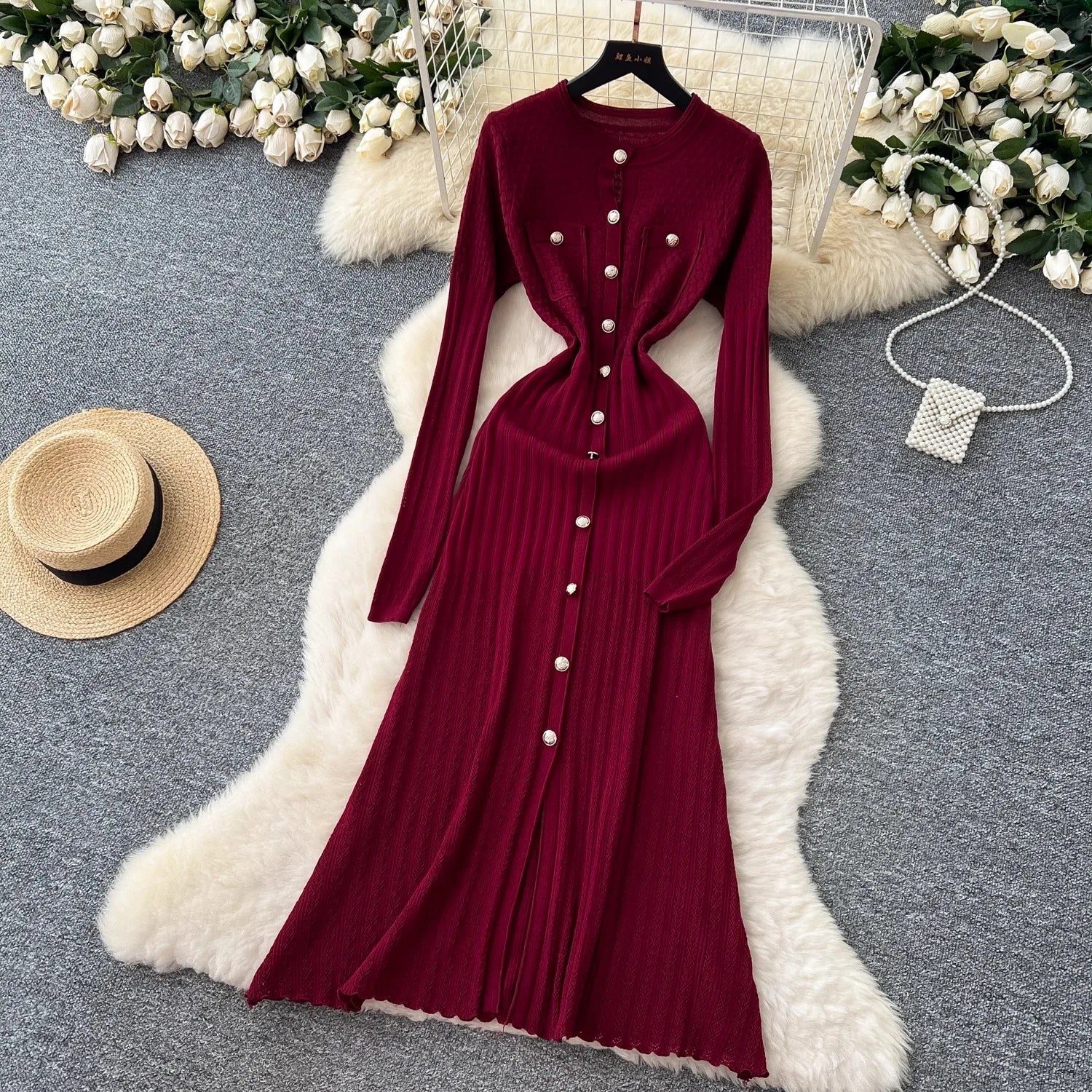 Brand Fashion Aesthetic Patchwork Knitted Maxi Dress Autumn Winter Women Luxury Shirt Sweater Dress Office Lady Vestido