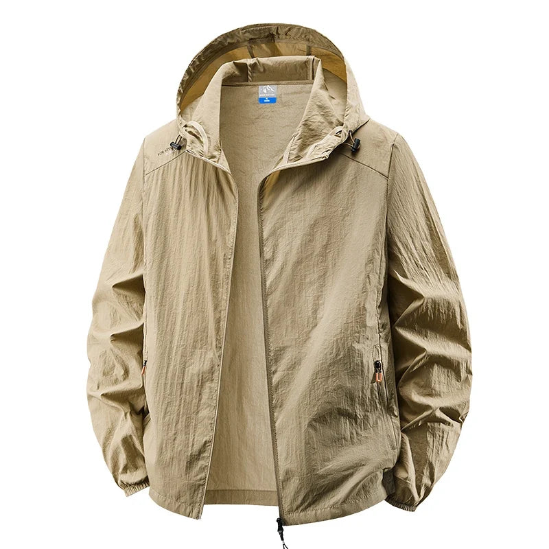 Men's Hooded Sun Protection Jacket Lightweight Outdoor Windbreaker Quick Dry Breathable UV Coat for Hiking Running Travel Beach