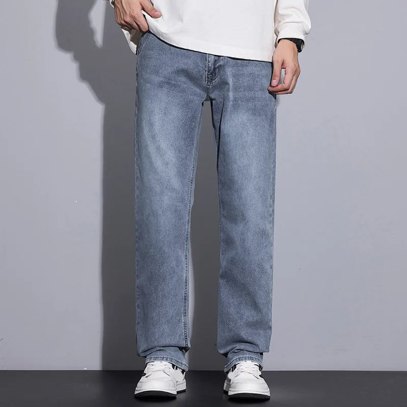 New Men's Micro Elastic Wide Leg Jeans American Retro Versatile Loose Fit Long Pants for All Seasons