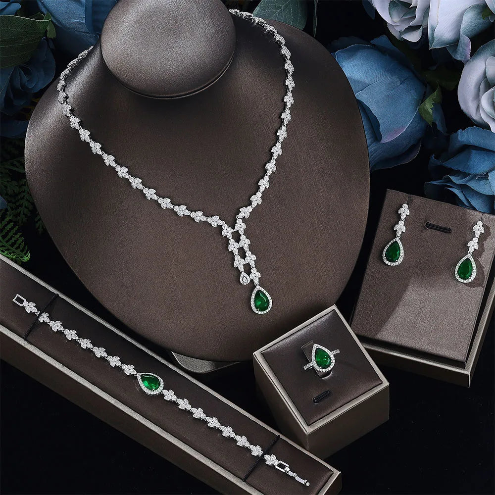 4pcs Bridal Zirconia Jewelry Sets For Women Party, Luxury Dubai Nigeria platinum plating Crystal Wedding Jewelry Sets