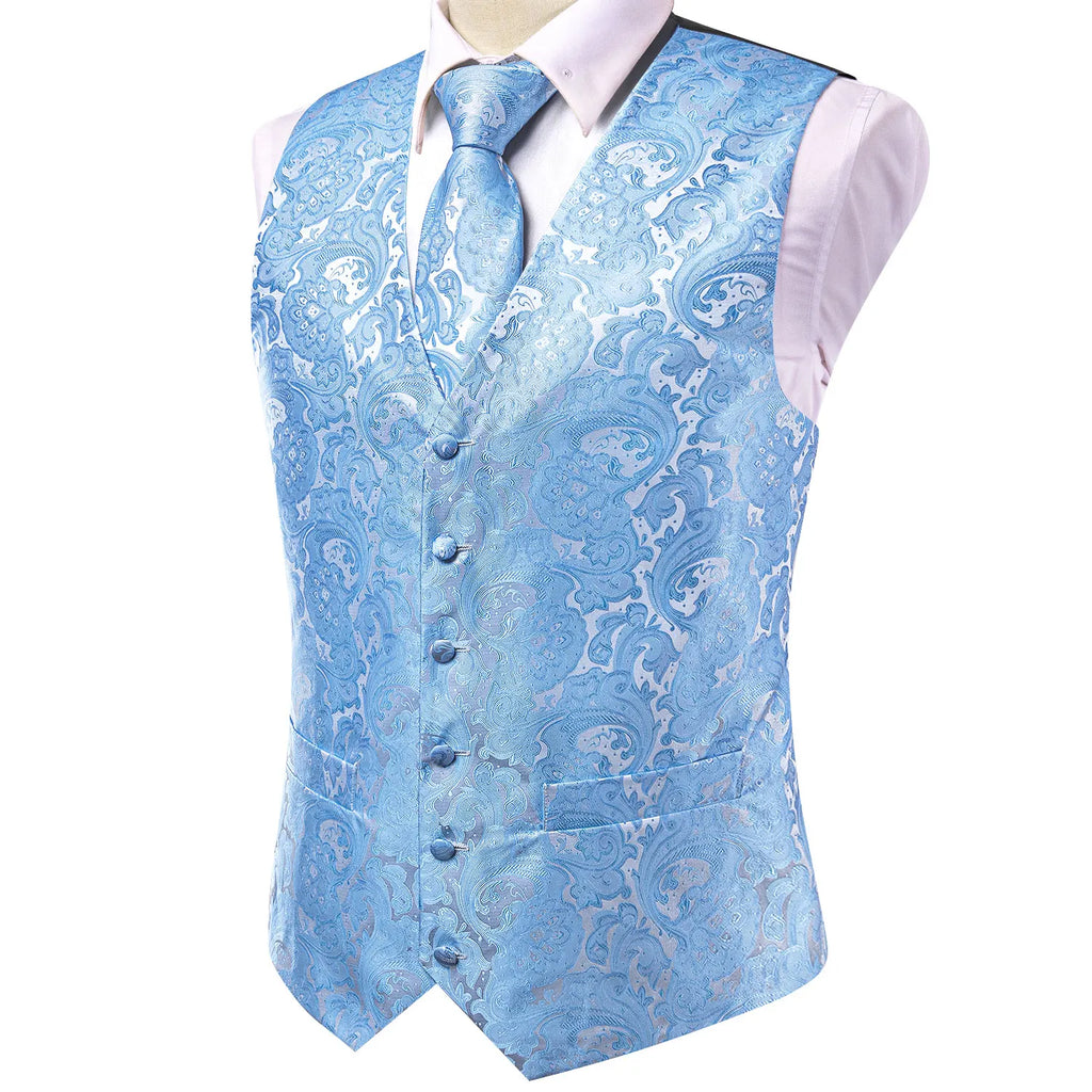 Sky Navy Royal Blue Mens Waistcoat Tie Set Sleeveless Jacket Vest Necktie Hanky Cufflinks Wedding Business Oversized Gift