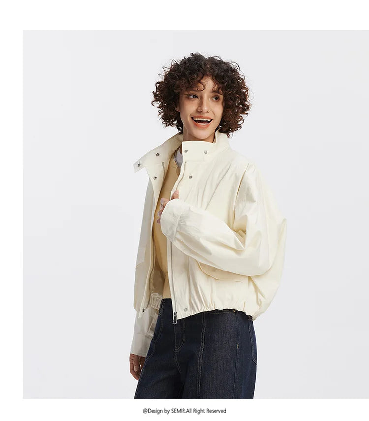 Women Jacket Solid Stand Collar Bubble Hem Oversize Dropped Shoulder Casual Style Autumn Outerwear Daily Wear 2026