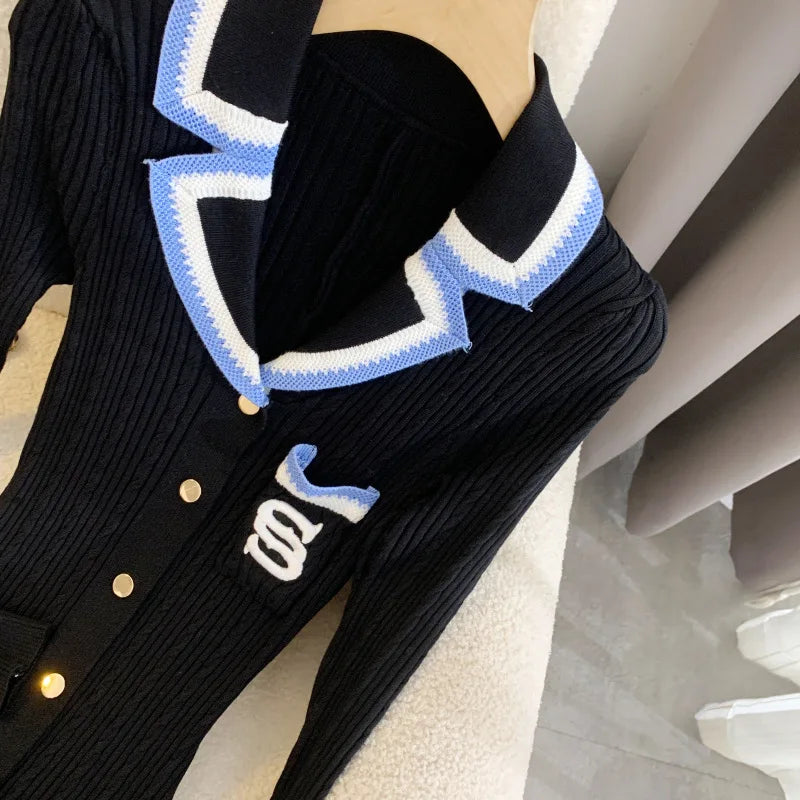 Elegant Embroidery Letter Knitted Maxi Dress Autumn Winter Brand Fashion Lady Notched Black Sweater Dress Office Robes