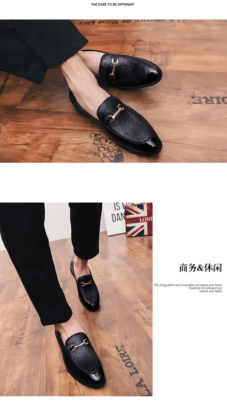 VIPOL Men's pointed suede formal shoes, retro new patchwork loafers mixed with slipper shoes, wedding dress leather shoes