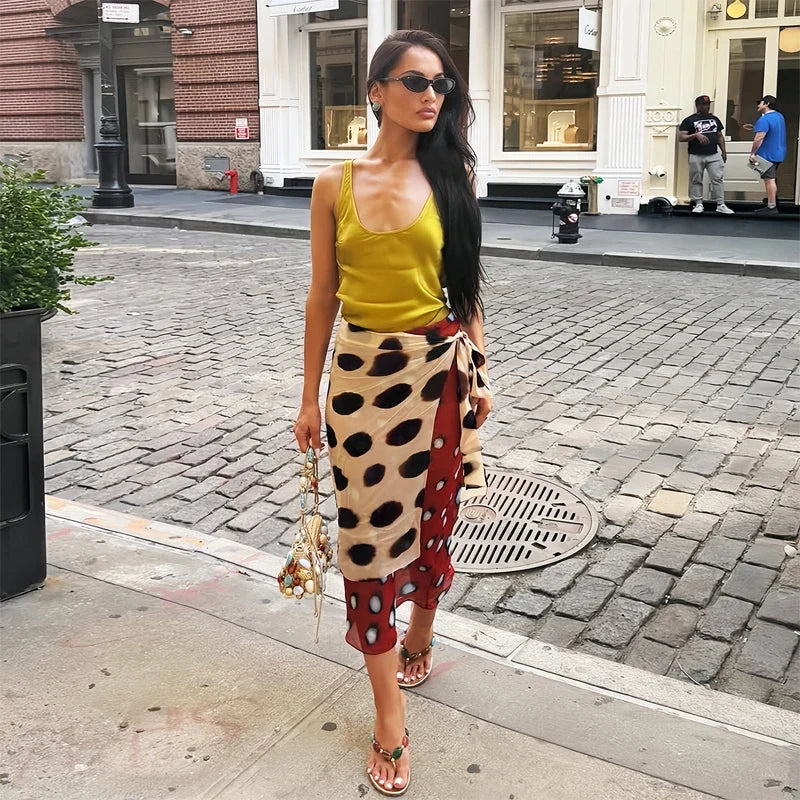 Print V-neck Lace Up Casual Dress Women Chic Thin Mesh Polka Dot Flared Sleeves Patchwork Slim Fit Dresses Lady Daily Vestidos