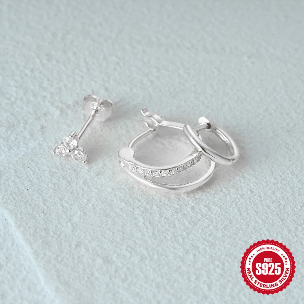925 Sterling Silver 3PCS Zircon Double Layer Hoop Earrings For Women Minimalism Ins Earrings Fine Jewelry Party Gift