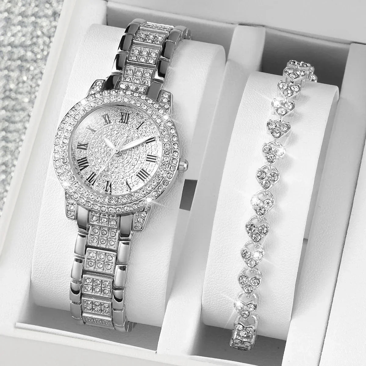 2pcs/set Women Stainless Steel Band Diamond Quartz Watch and Bracelet Set