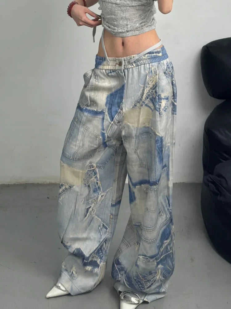 High Waist Print Draw String High Waist Jeans Y2k Vintage Jeans