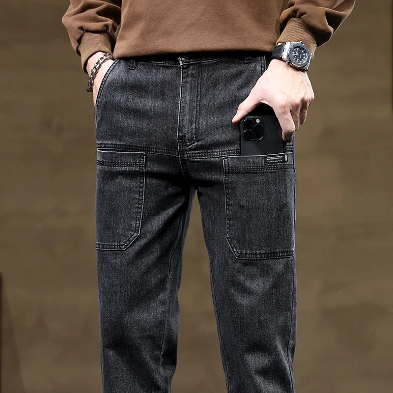 Versatile Six-Pocket Design Jeans Men's Loose Straight Leg Pants Stretchy Comfortable for Outdoor Hiking Activities All Seasons