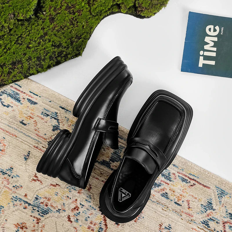 Men Zipper Patent Leather Increase Loafers Shoe Japan Korean Streetwear Fashion Thick Sole Platform Vintage Style Leather Shoes