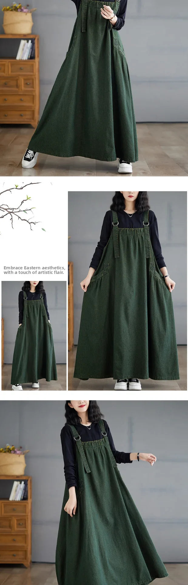 Retro Crtsmanip Loose Fit Slimming Denim Overalls Long Skirt Dr Spring Summer Autumn Winter A-Line Straight Cut Gown