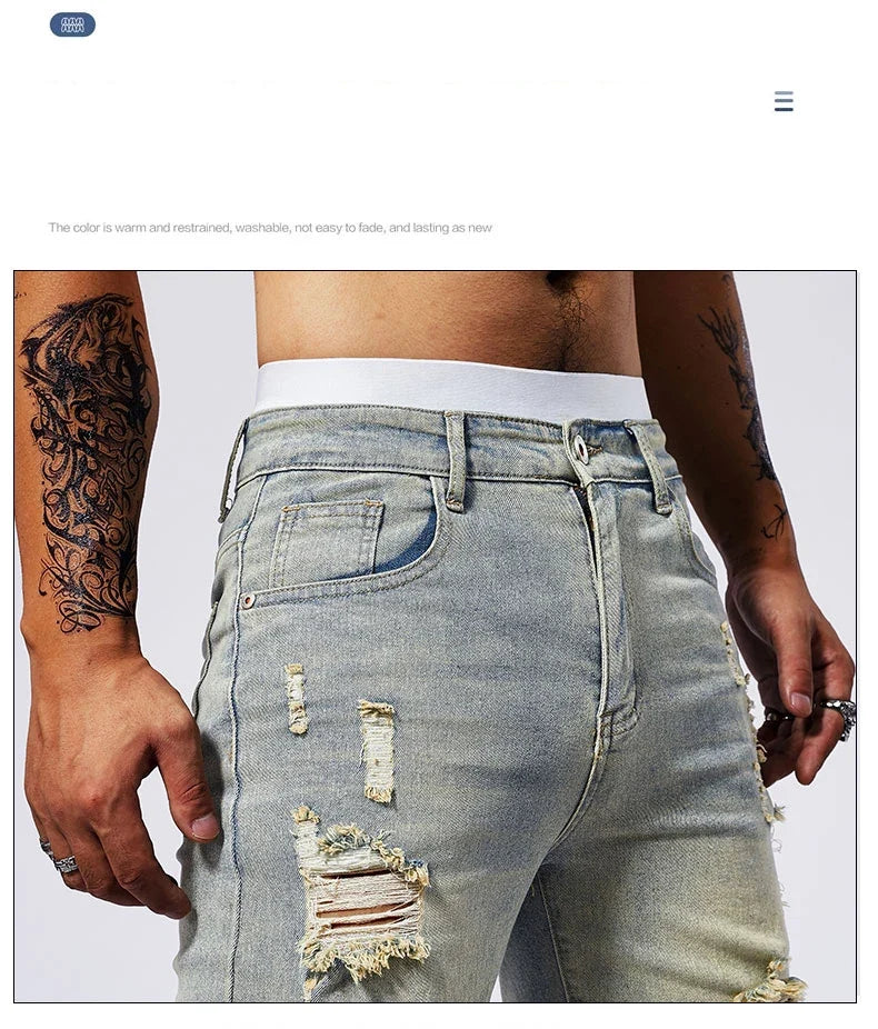 Vintage Denim Shorts Men's American Stretch Slim Jeans Fashion Ripped Streetwear Male Hole Frayed Short Pants Blue Black