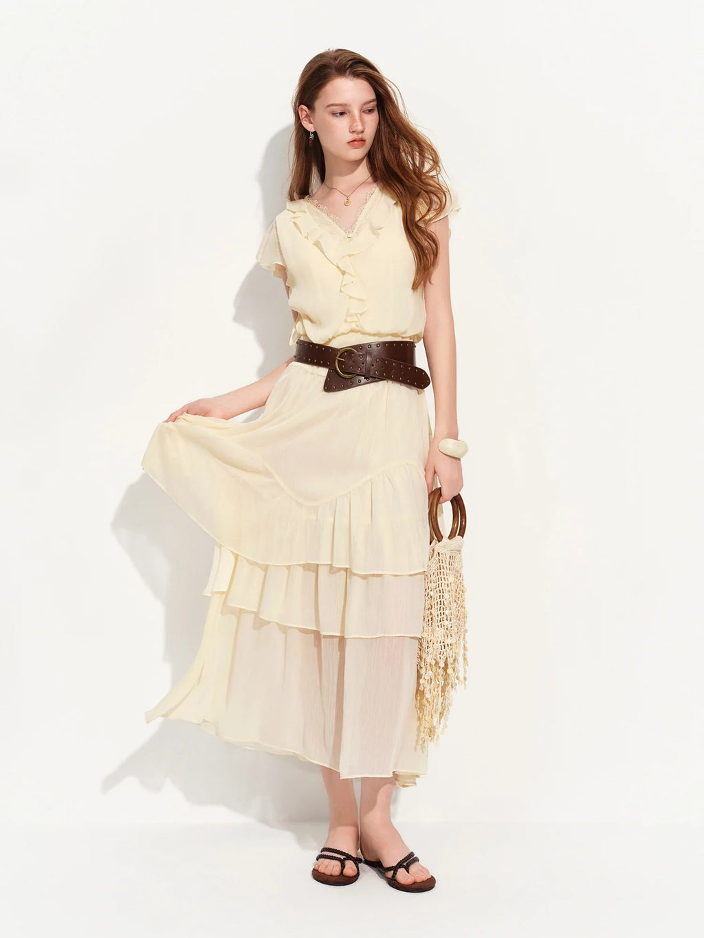 2026 Summer Women‘s Tiered Ruffle Lace Trim Chiffon Long Short Dress Flowy Smocked Maxi for French Romantic Coquette Style
