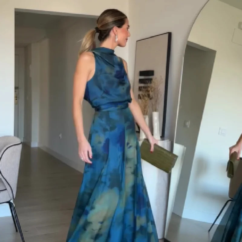Women's Elegant Blue Watercolor Print Maxi Dress Sleeveless Cowl Neck Satin Formal Evening Gown A-line Floor Length Party Dress