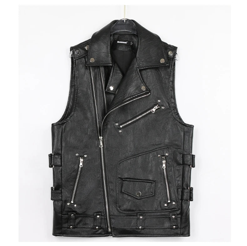 Autumn Black Motorcycle Pu Leather Vest Men Zipper Pockets Plus Size Faux Leather Biker Sleeveless Jacket 4xl 5xl