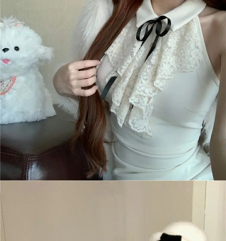 Kimotimo Hotsweet Y2k Dress Women Lace Splicing Bow Halter Waist Slim Fit Hip Mini Dresses Fashion Birthday Party Vestido Summer