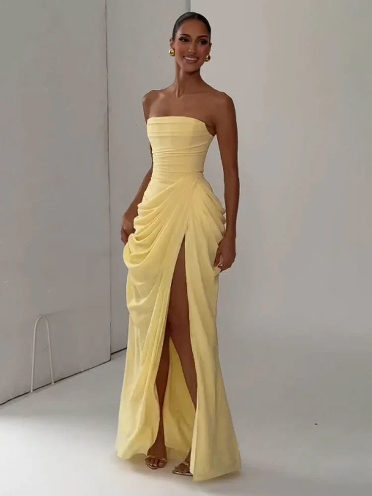Elegant Solid Pleated Strapless Maxi Dress Yellow Off-shoulder Backless High Waist Split Robe 2026 New Lady Evening Party Gown