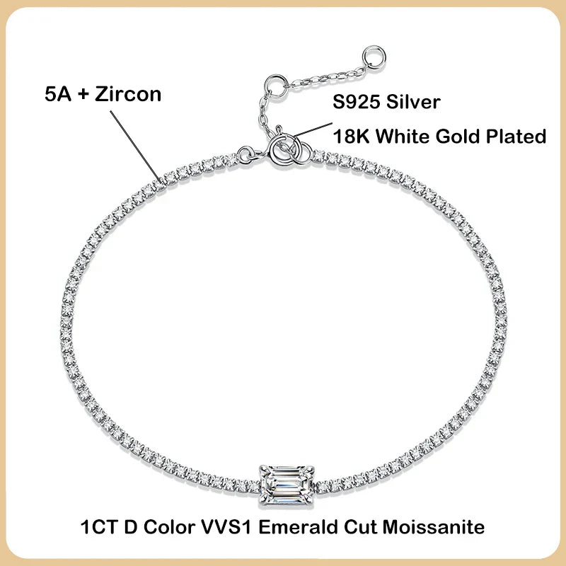 New In 1ct Emerald Cut Moissanite Diamond Bracelet for Women Wedding Fine Jewelry Real 925 Sterling Silver Link Bracelets