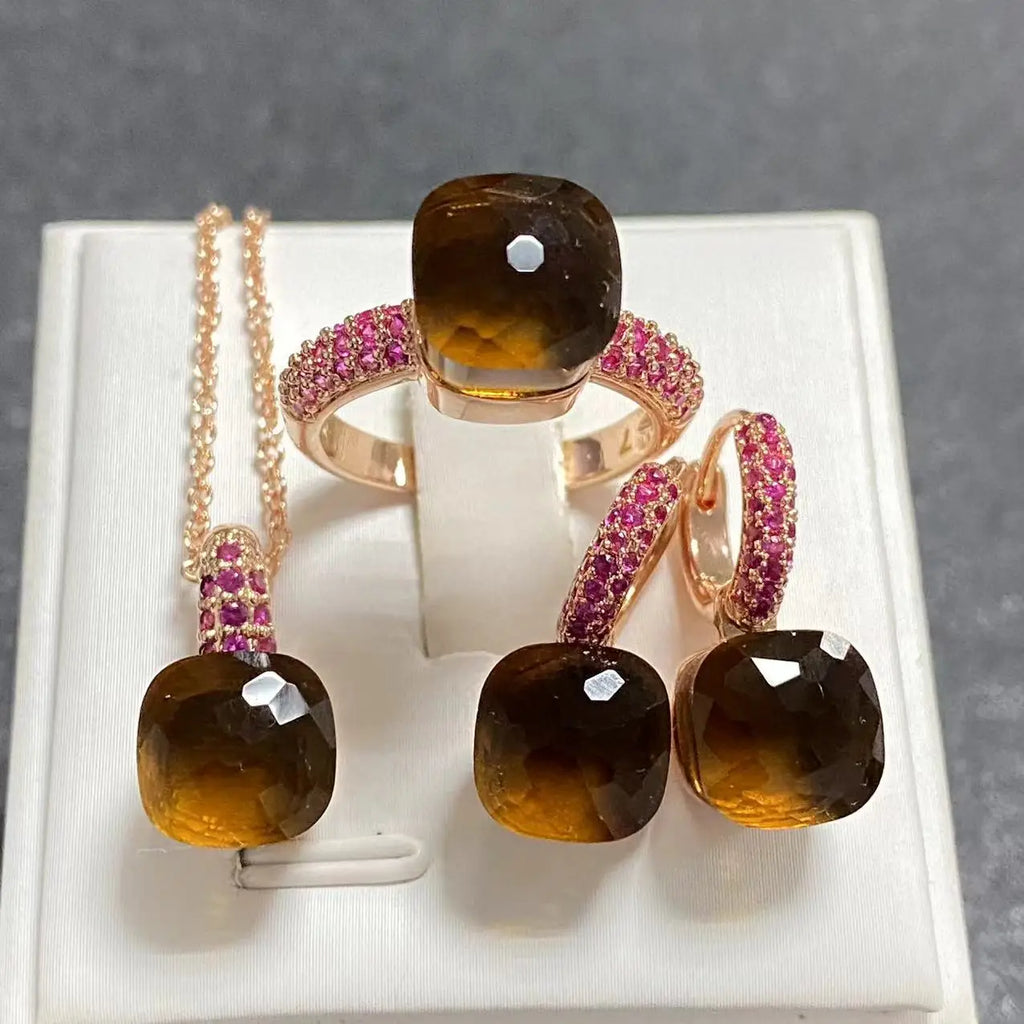 3Pcs/Set Women's Fashion Jewelry Gift Set - Rose Gold Plated Ring Earrings Necklace with Inlay Purple Zircon Crystal