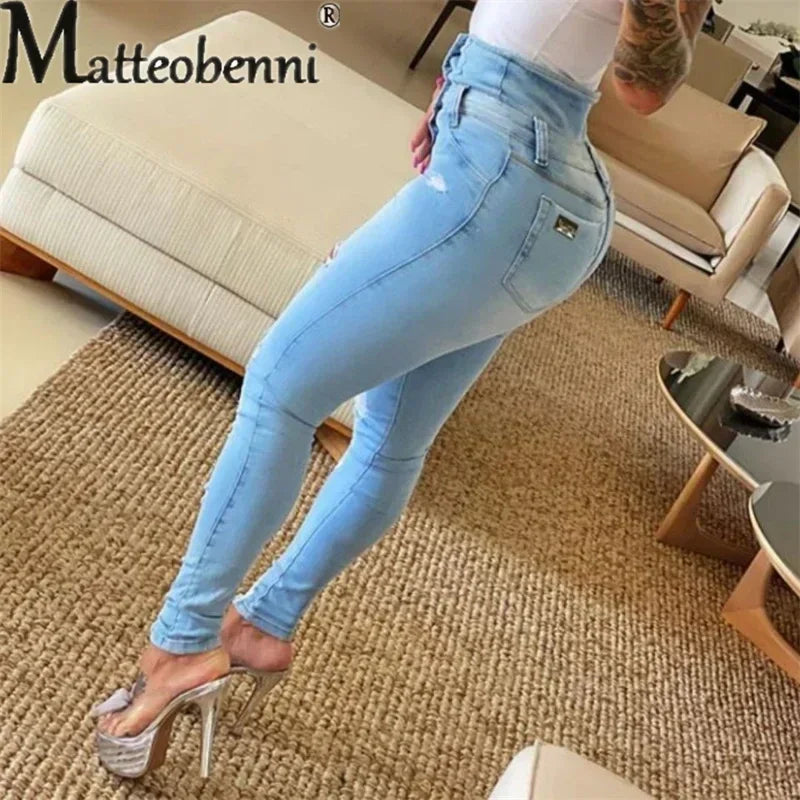بنطلون جينز نسائي بخصر عالٍ عصري غير رسمي من الدنيم