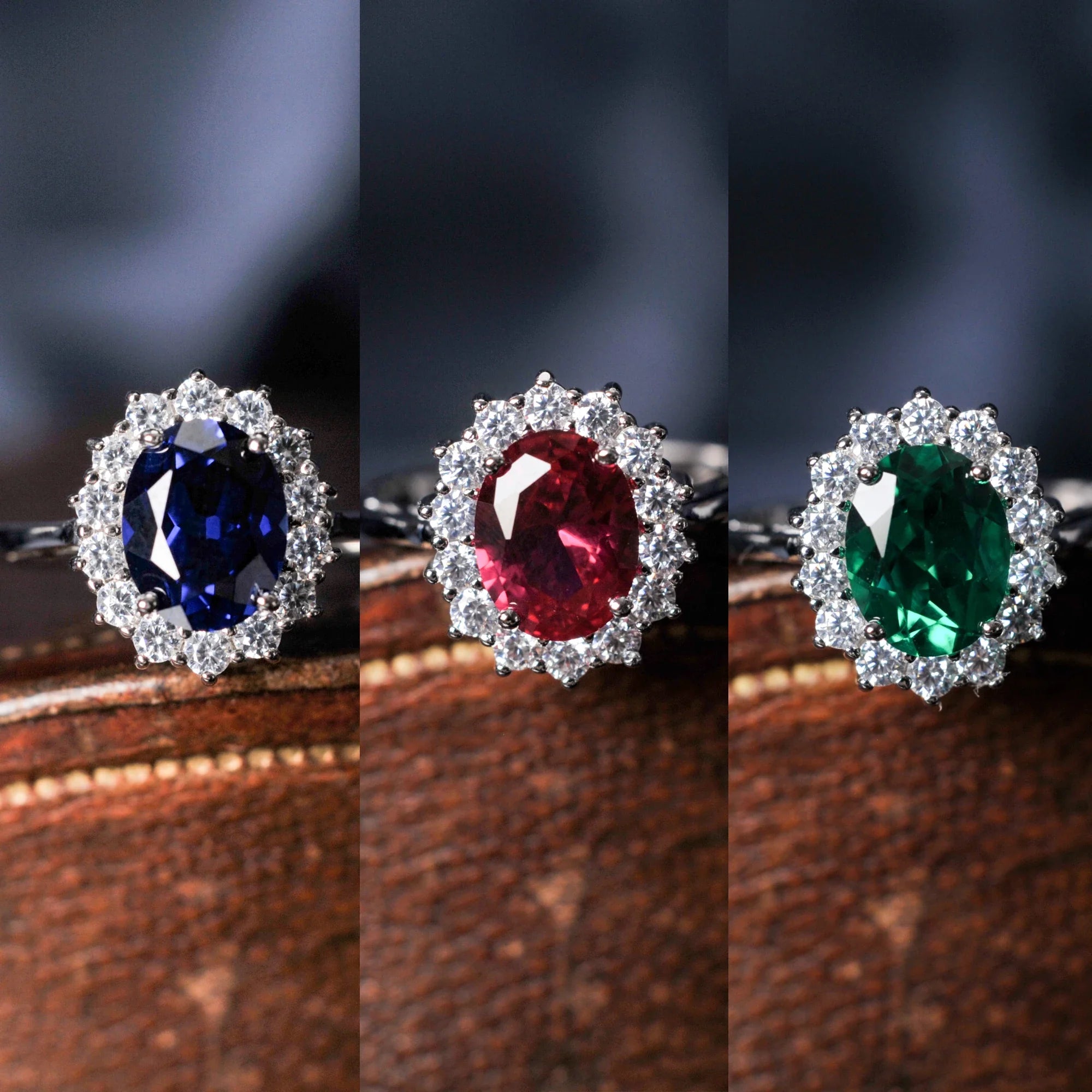 Halo Rings for Women Created Blue Sapphire Nano Emerald Red Ruby Princess Diana 2.67ct Oval Cut 925 Sterling Silver Rings