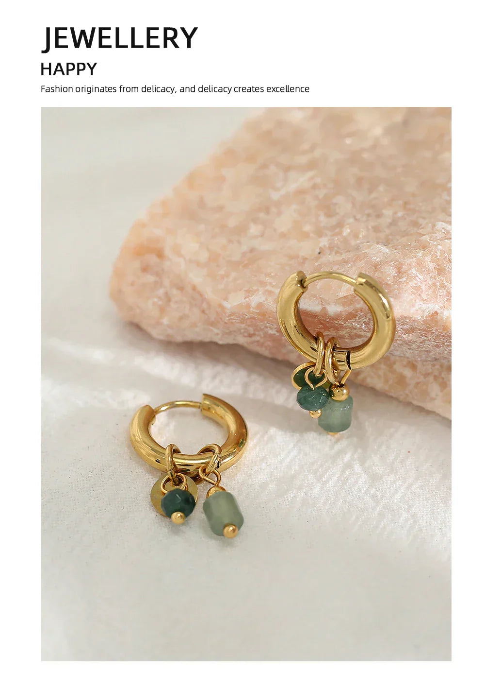 18K Gold Plated Stainless Steel Hoop Earrings for Women Vintage Green Natural Stone Charms Trendy Waterproof Jewelry
