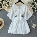 White/Purple/Blue V Neck Summer New Lace Embroidery Dress Women Short Sleeves Dresses Female Vintage Party Beach Midi Dresses
