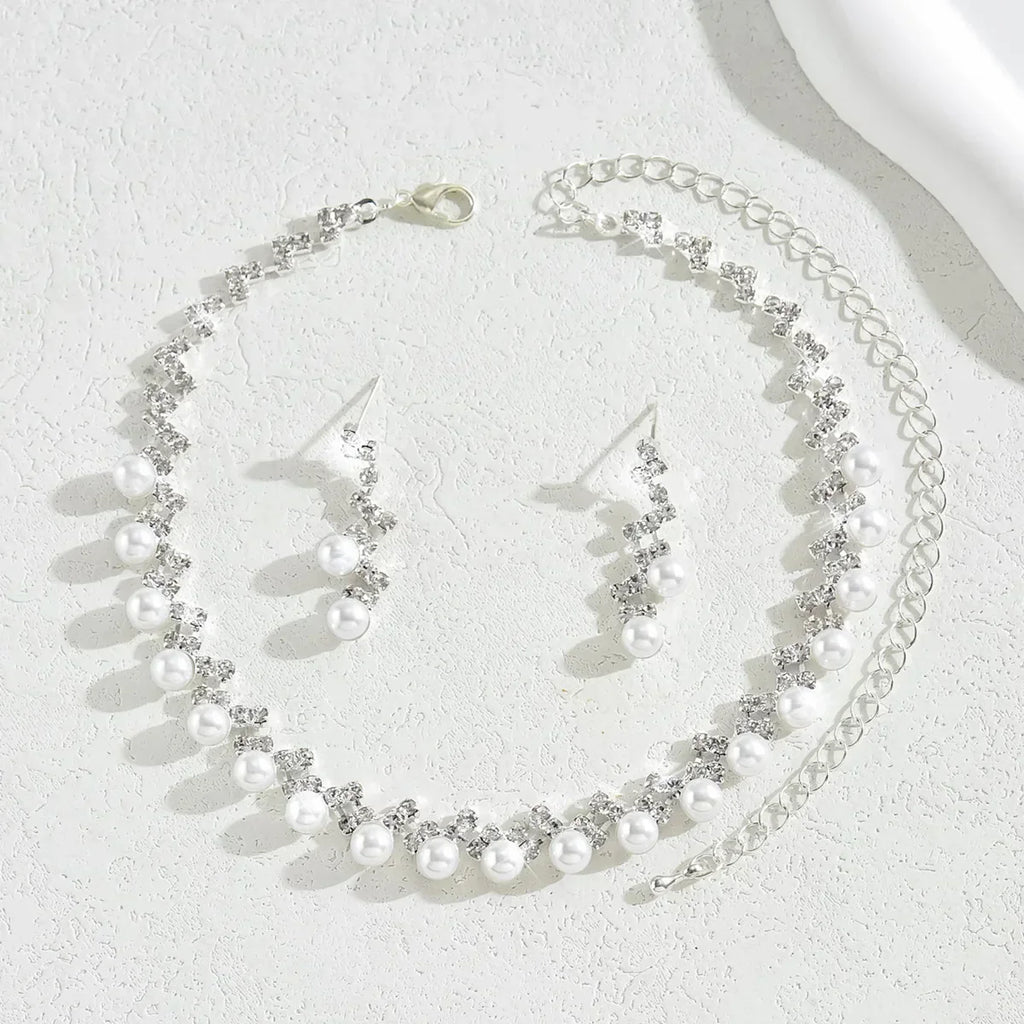 Silver Color Pearl Crystal Bridal Jewelry Sets Wave Shape Choker Necklace Earrings Sets for Women Wedding Jewelry Sets