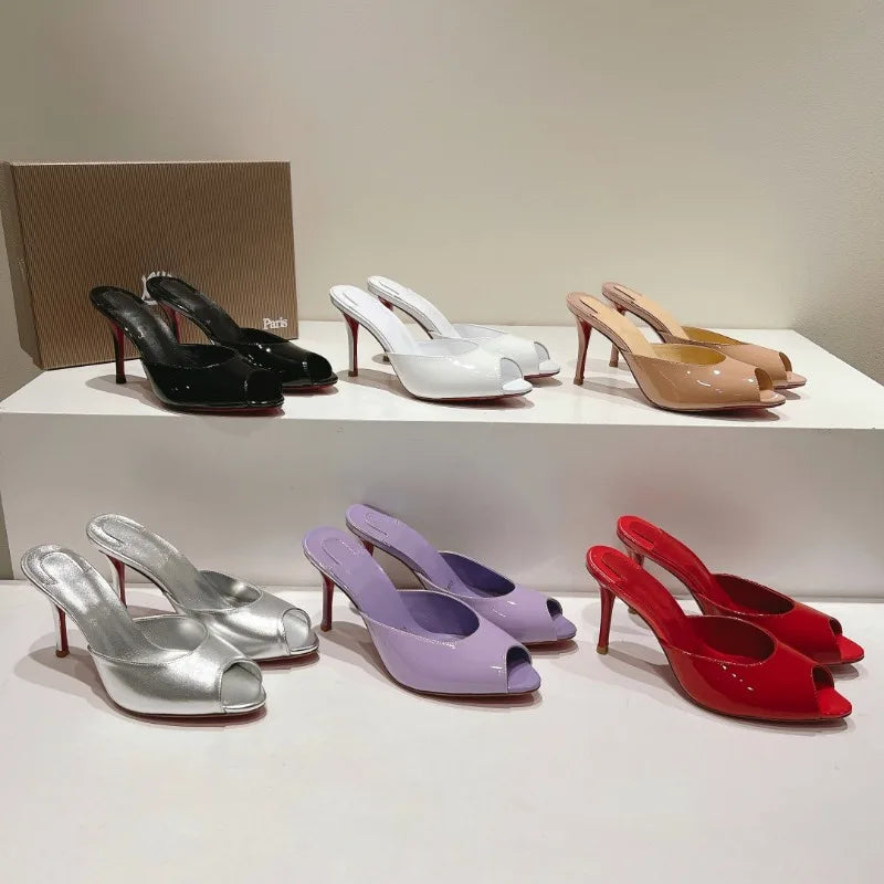 New patent leather nude high heels stiletto round head open-toed fish mouth shoes sexy outer slippers women's muller shoes
