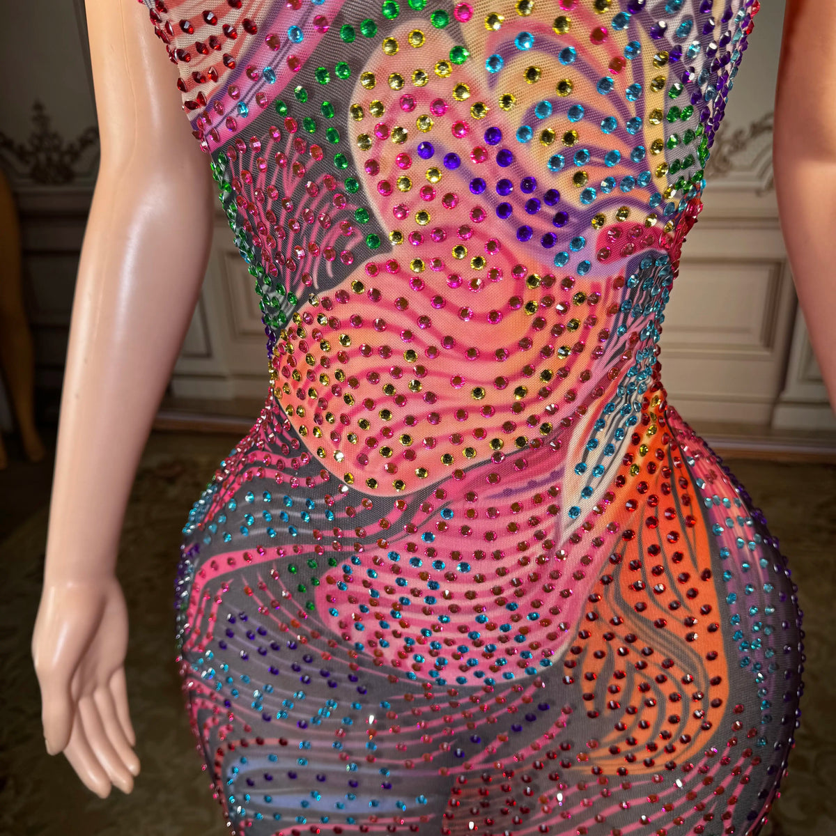 Plus Size Sexy Sheer Mesh Dress with Low Back & Colorful Rhinestones - Glamorous Nightclub & Party Gown for Women