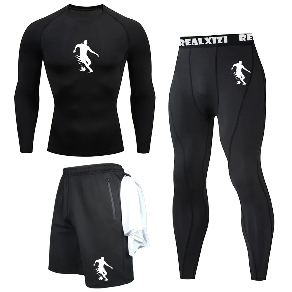 طقم رياضي رجالي بتصميم الخفاش بأكمام طويلة ومكون من 3 قطع: تي شيرت ضاغط، شورت، وبنطال - مناسب للربيع والصيف وصالة الألعاب الرياضية واللياقة البدنية.
