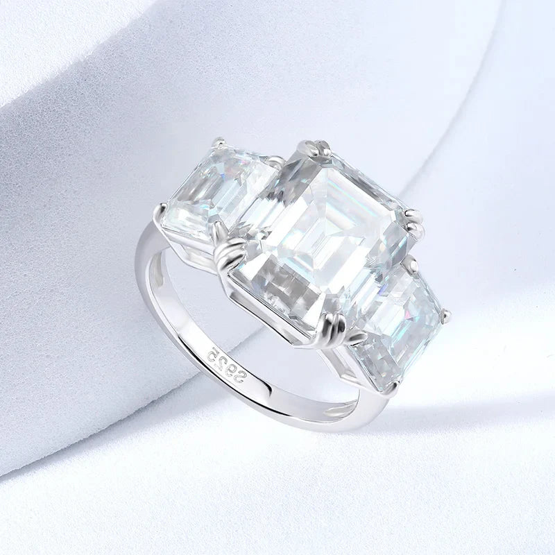 12cttw Emerald Cut Full Moissanite Engagement Ring for Women 3 Stones Sterling Silver 925 Wedding Band with Certificate