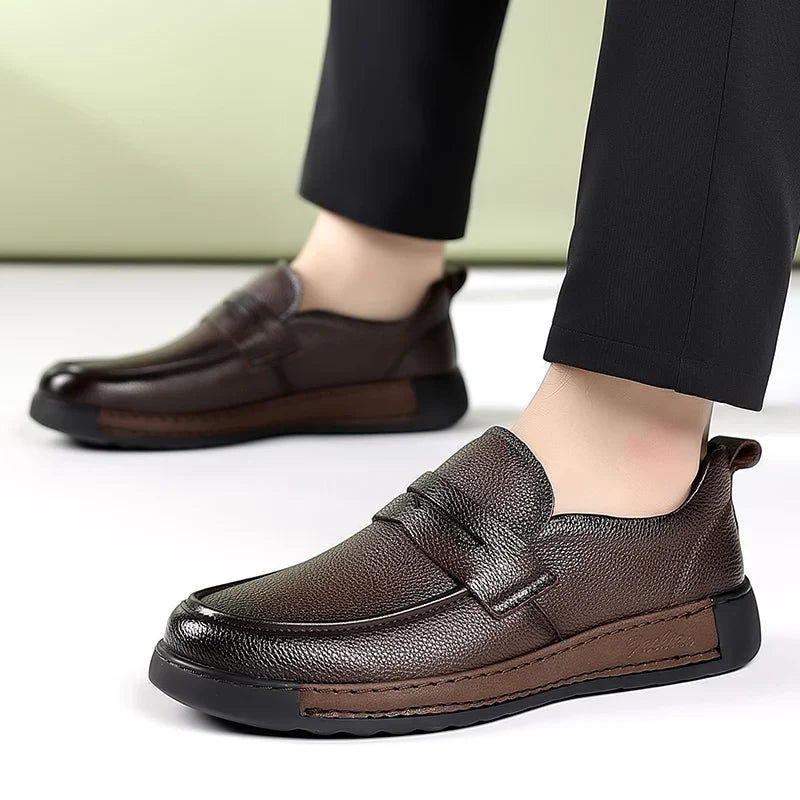 Men's Solid-Color Breathable Leather Casual Shoes  Fashionable And Lightweight Business Walking Shoes  Outdoor Anti-Slip Loafers