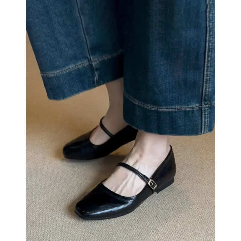 Genuine Leather Mary Jane Shoes Women's Flat Bottom Vintage French Style Slip-On Loafers Low Heel Korean Style Solid Color