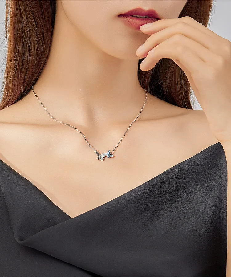 925 Sterling Silver Blue Zircon Flying Butterfly Necklace Women Birthday Gift Korean Style Fashion Jewelry Gift SCN384
