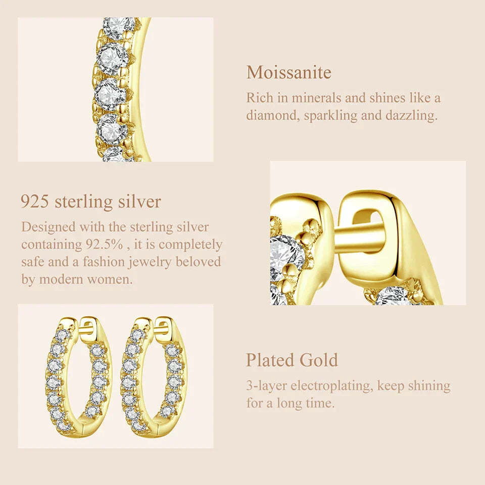 Gold Moissanite Hoop Earrings for Women, 925 Sterling Silver D Color Round Cut Lab Diamond Hypoallergenic Earrings