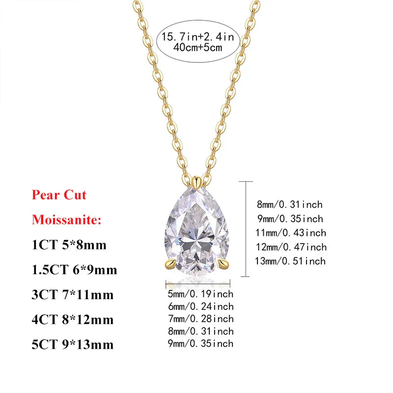 Pear Cut 1/1.5/3/4/5CT D Color Moissanite Pendant Necklace for Women Men 925 Silver Waterdrop Solitaire Diamond Neck Chain