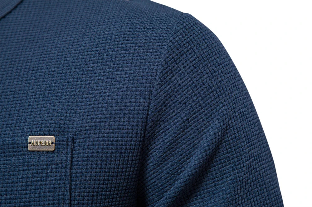 Waffle Cotton Solid Color Men Tshirts Single Pocket Long Sleeve Tee Shirts for Men New Spring Basic Breathable Tops Men