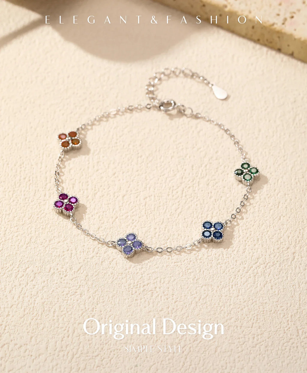 925 Sterling Silver Sweet Four Leaf Clover Colorful Zirconia Charm Fashion Stackable Bracelet For Women Fine Jewelry