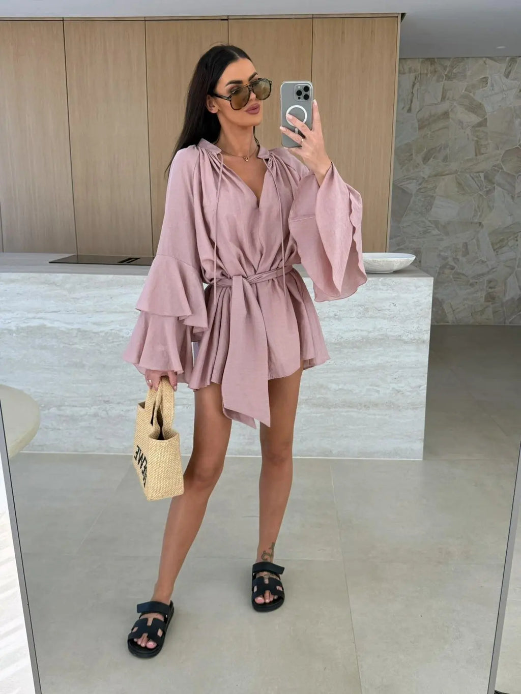 2026 Autumn Ruffle Loose Mini Dress Casual Flare Sleeve Holiday Dresses Sexy Deep V-neck Lace Up Solid Women's Dress Vestidos