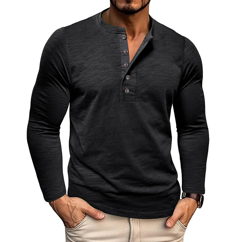 New Autumn Long Sleeve T-Shirt Mens Casual Solid Color Top Henley Neck Slim Versatile Work T-shirt Breathable Outdoor Thin Tee