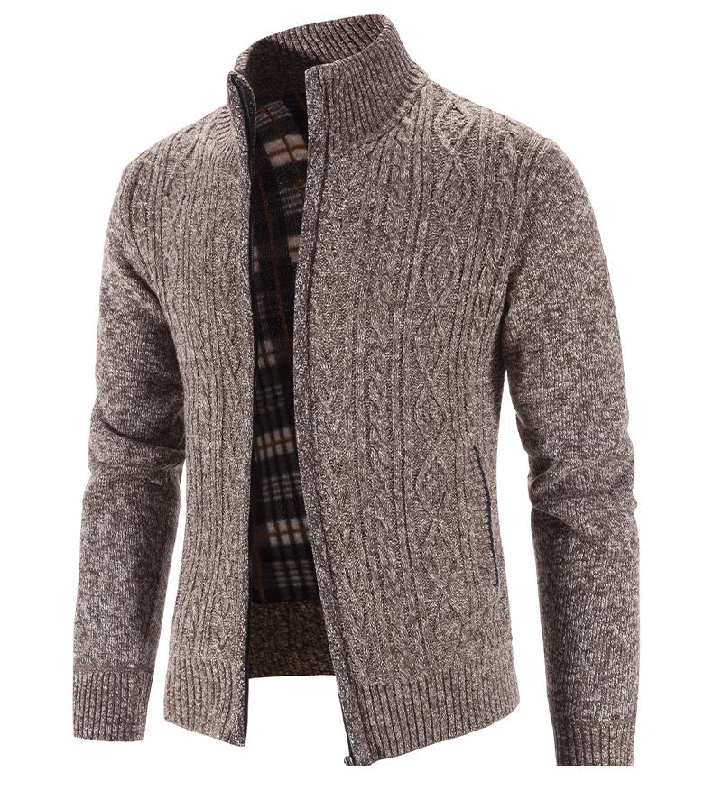 Winter Autumn New Sweater Knit Cable Cardigan Men Business Casual Jacket Zipper Up Solid Color Turn-down Coat Fleece Clothes