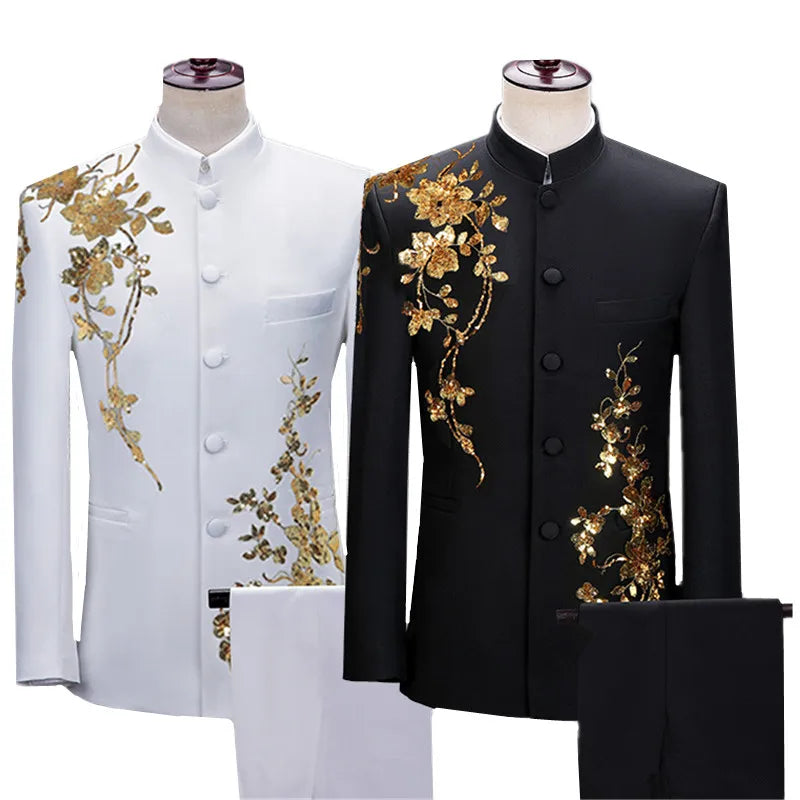 Fashion Men Stand Up Collar Floral Suit