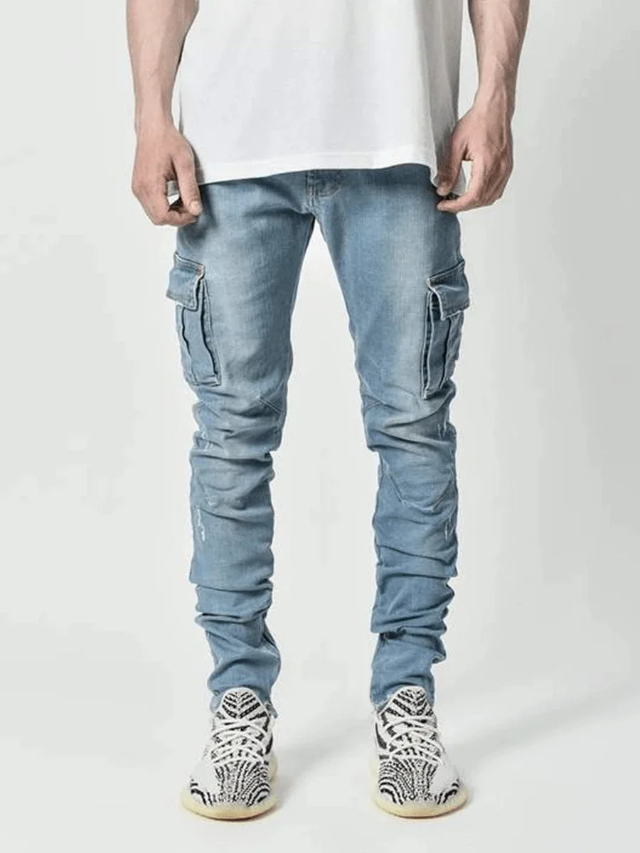 Jeans Men Black Cargo Pants Multi Pockets Denim Pantalone's Trousers