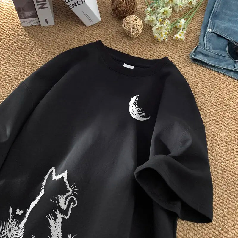 تيشيرتات رجالية كبيرة الحجم بيضاء بمقاس 5XL قطنية للرجال، تيشيرت كاجوال صيفي مطبوع عليه قطة وقمر، ملابس رجالية