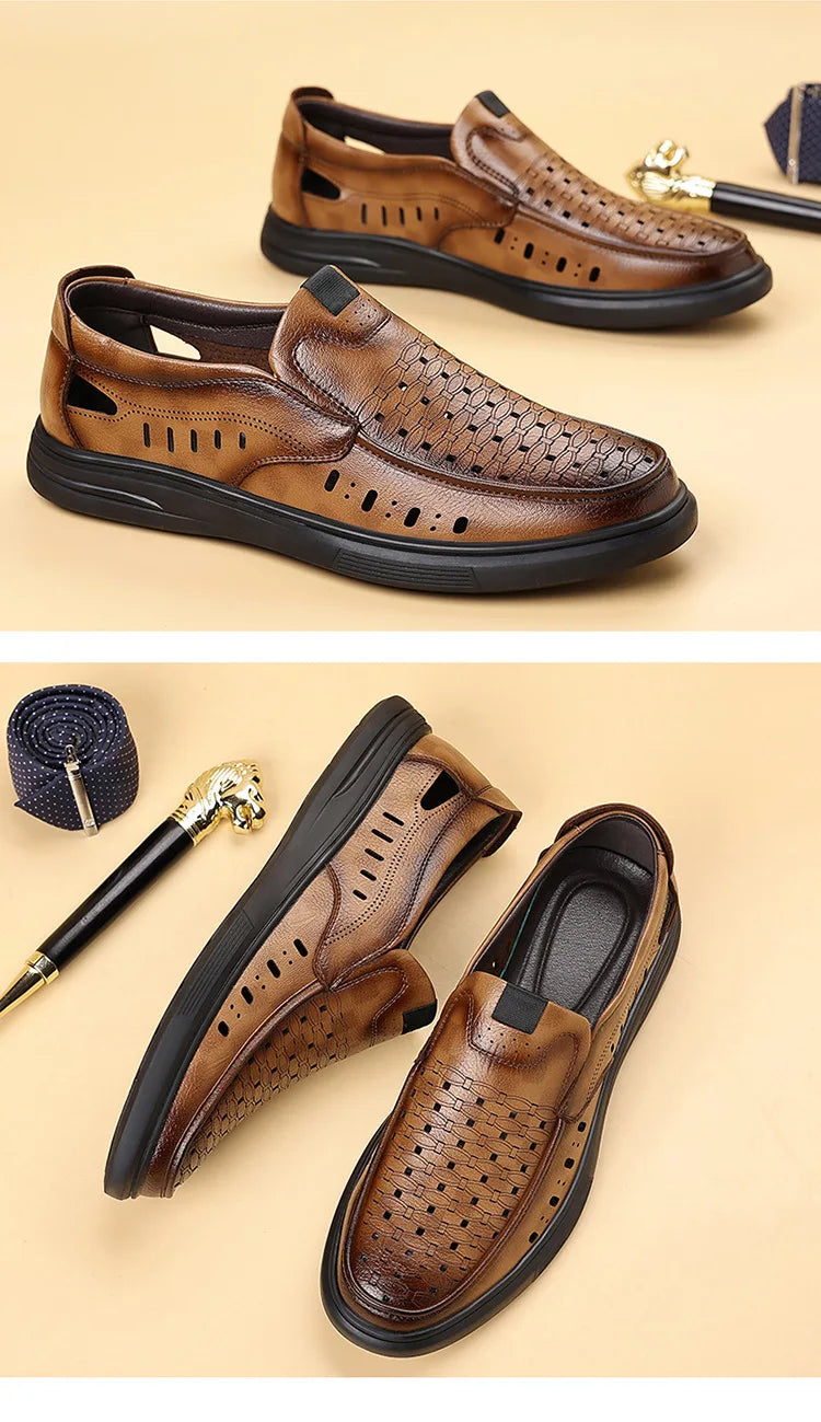 Spring Summer New Hallow Breathable Loafers for Men Fashion Casual Leather Shoes Male Solid Color Soft Sole Designer Shoes Man