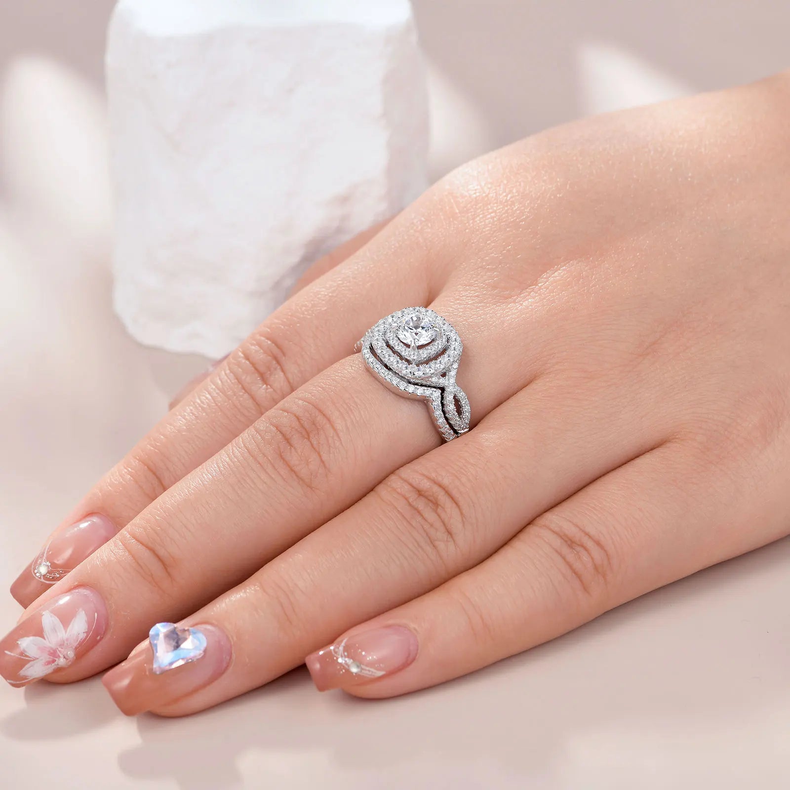 2Pcs Halo Round Cut Moissanite Wedding Ring Set for Women Solid 925 Sterling Silver Zircons Luxury Bridal Rings