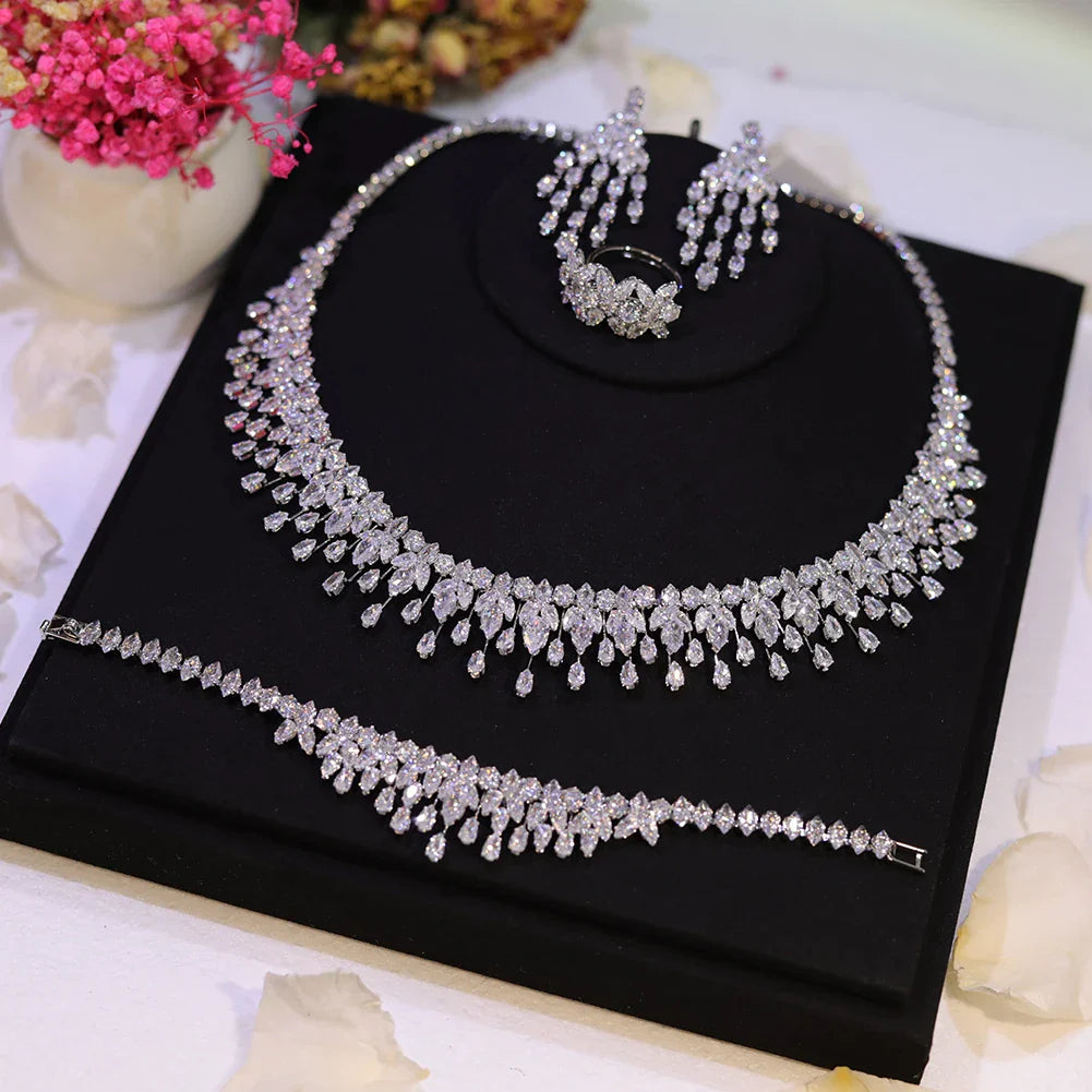 Sparkling Bridal Necklace Luxury Full Zircon Jewelry Sets For Women Party, Luxury Dubai Nigeria Wedding Bridesmaids Accessories