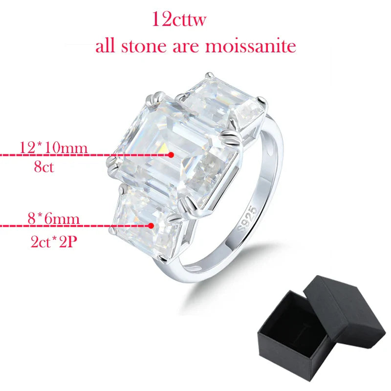 12cttw Emerald Cut Full Moissanite Engagement Ring for Women 3 Stones Sterling Silver 925 Wedding Band with Certificate
