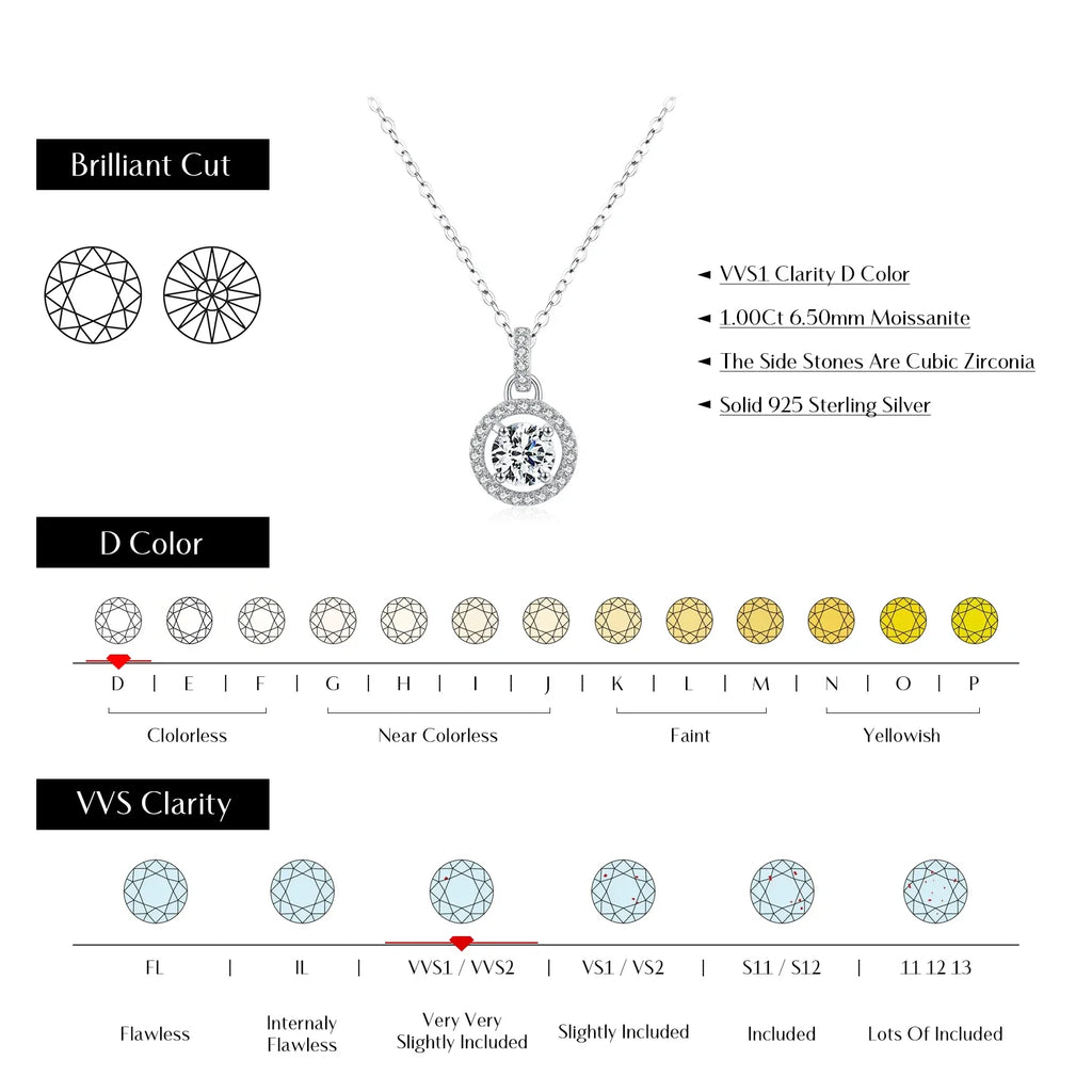 1 Carat D color Moissanite Pendant Necklace For Women 925 Sterling Silver Wedding Bridal Fine Jewelry With Certificate